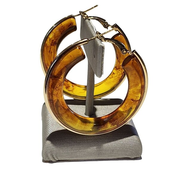 Butterscotch Resin Hoop Earring With Gold Plated Outline 1.64in - Picture 12 of 14